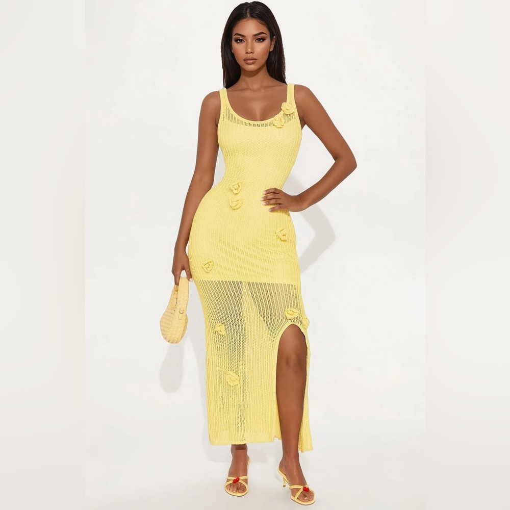 Yellow Knit Maxi Dress with Floral Accents